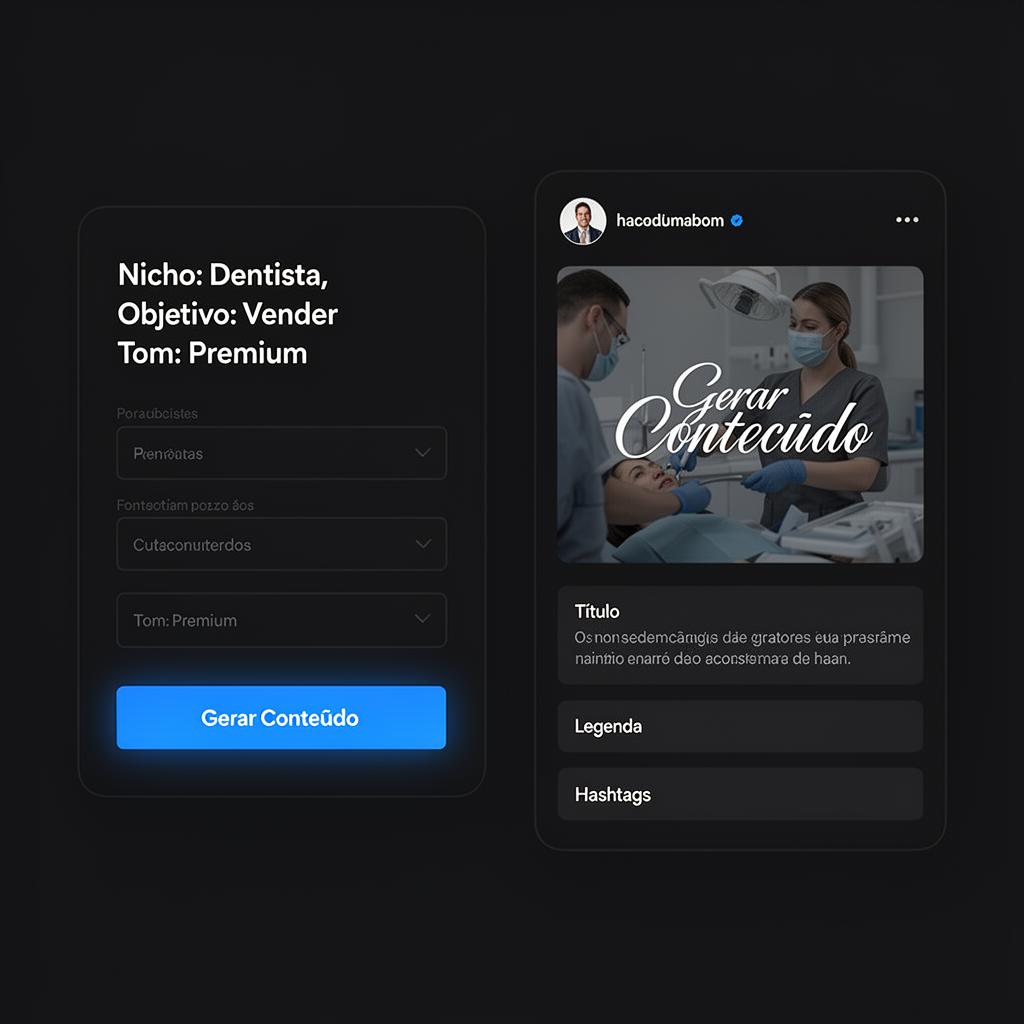 Mockup da plataforma: formulário à esquerda e post gerado à direita